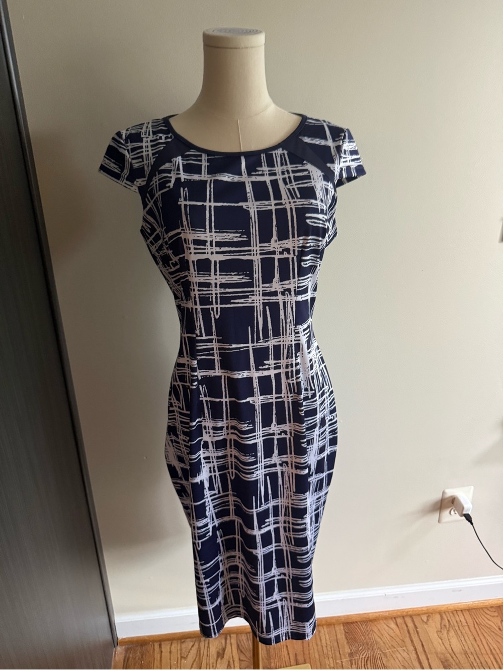 Navy & White Grid-Print Cap Sleeve Midi Dress